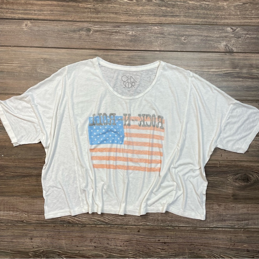 Chaser Women’s Rock And Roll Reverse Flag Cropped T-Shirt White Size Medium